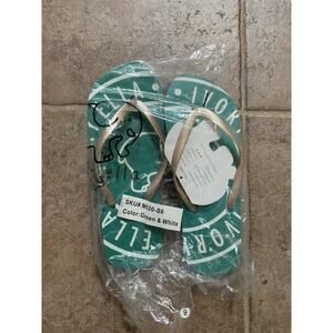 New!! Ivory Ella Flip Flops Sandals 6 Turquoise Green & White Elephant Gold